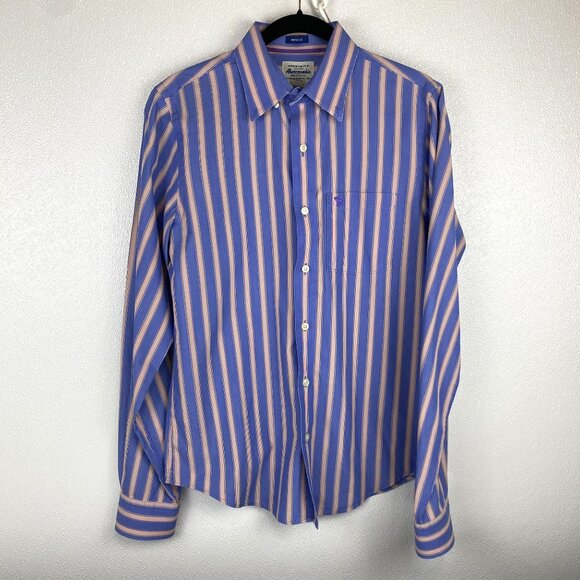 Vintage Abercrombie Mens Blue & Peach Muscle Fit Striped Button-Down Shirt Med - Picture 12 of 16